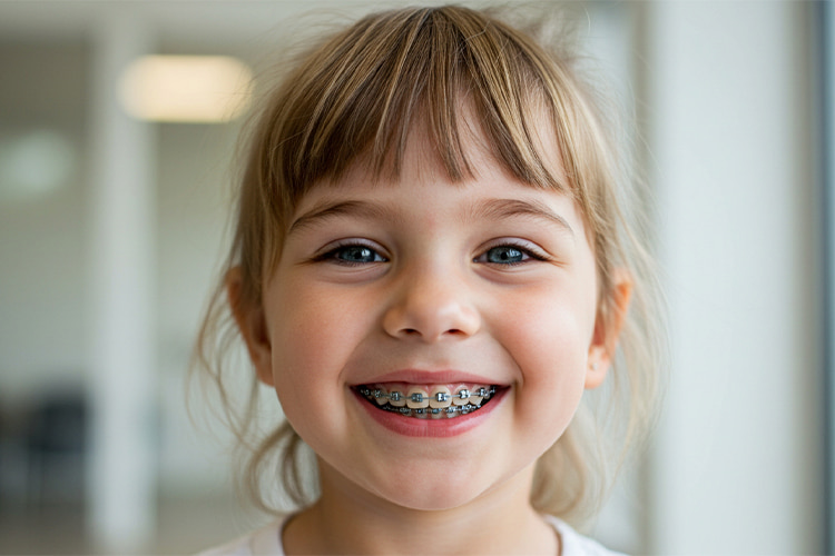 Young girl with braces smiling, representing common pediatric dental procedure