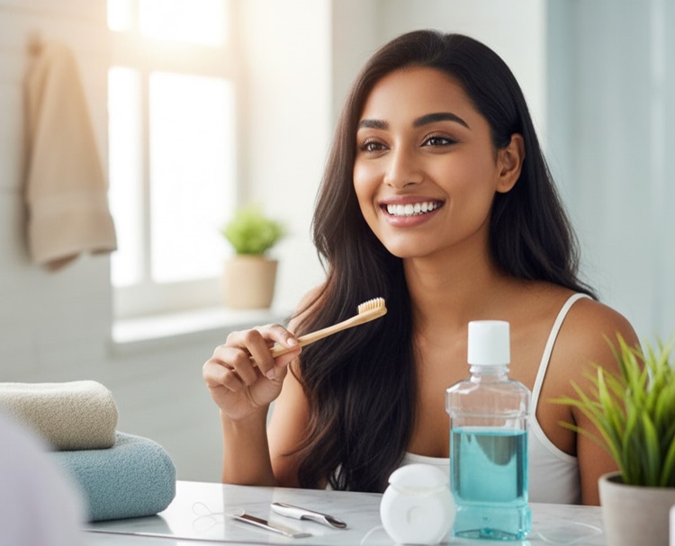 a woman who is brushing her teeth