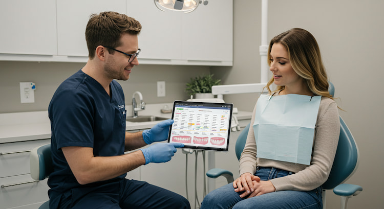 a dentist showing a treatment plan and to a patient