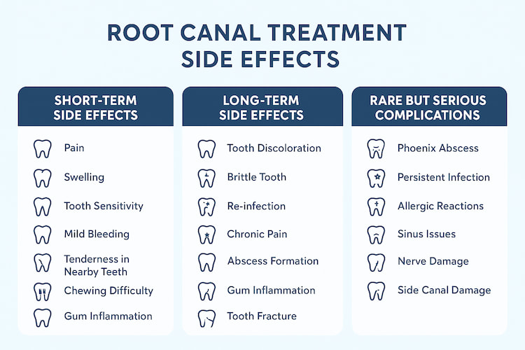an infographic categorizing all types of root canal treatment side effects.