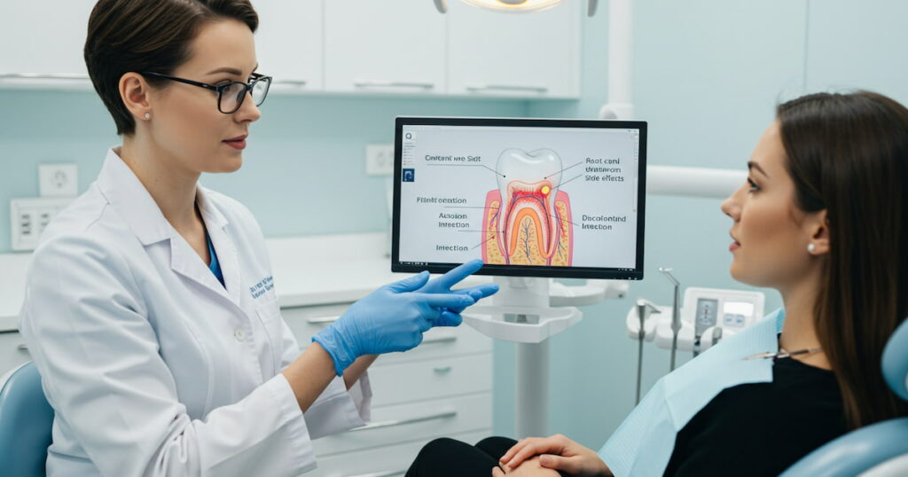 a dentist explaining root canal treatment side effects for a patient.