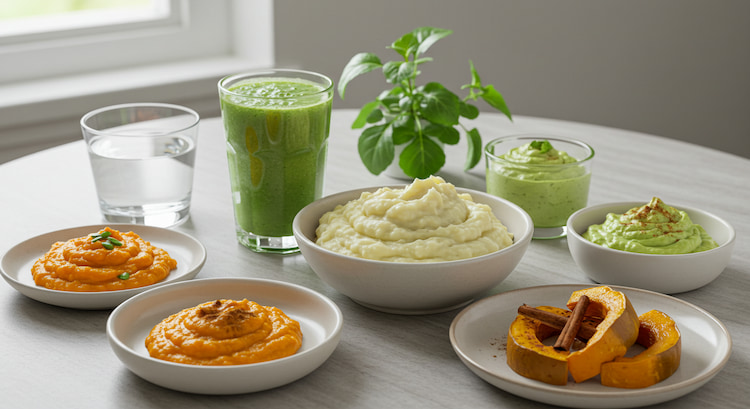 different types of soft foods, like mashed potatoes, yogurt, smoothies, and a glass of water on a table. 
