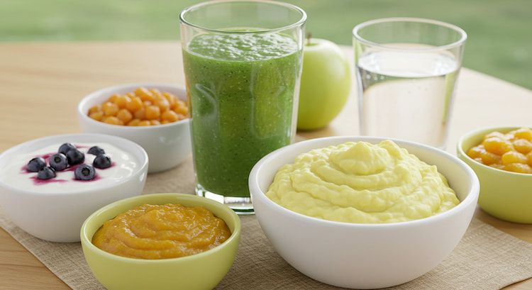 soft foods, including mashed potatoes, yogurt, smoothies, and a glass of water on a table. 