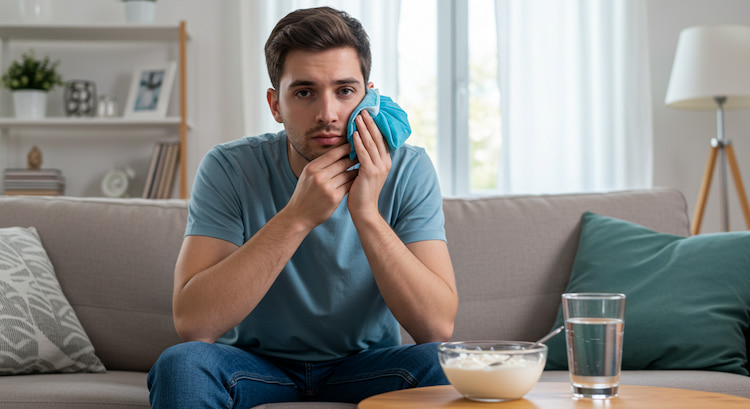 a man sitting on a couch at home after wisdom tooth extraction, gently holding an ice pack to their cheek, with a glass of water and a bowl of yogurt on a nearby table. 