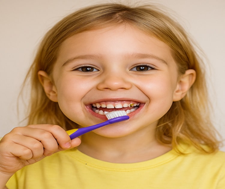 a kid brushing her teeth
