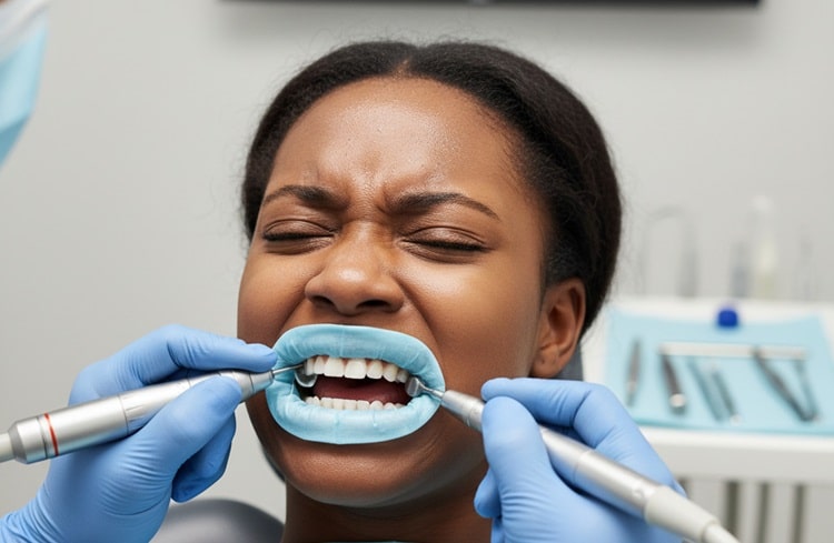 a woman experiencing Discomfort While Prepped for veneers