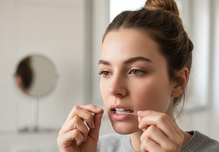a woman using dental floss
