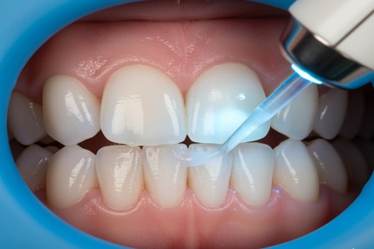 A dentist is applying dental sealants to a child’s teeth