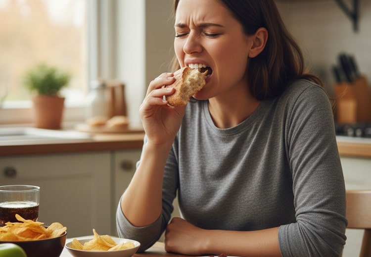 a woman eating hard foods after root canal