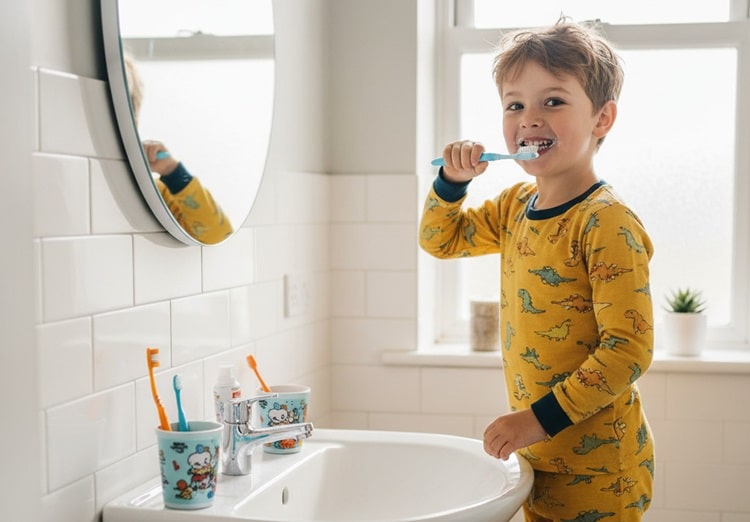 a baby gently brushing teeth