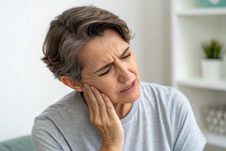 a photo of a person with pain that spreads to the head, neck, or ears as a result of TMJ disorders