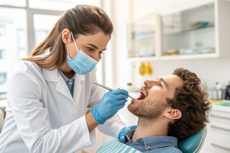 a dentist monitoring a patient's dental abscess for improvements after dental abscess treatment 