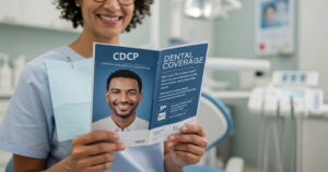 a photo of a dentist holding a CDCP coverage 2026 brochure