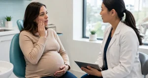 Pregnant patient discussing tooth pain with a dental professional