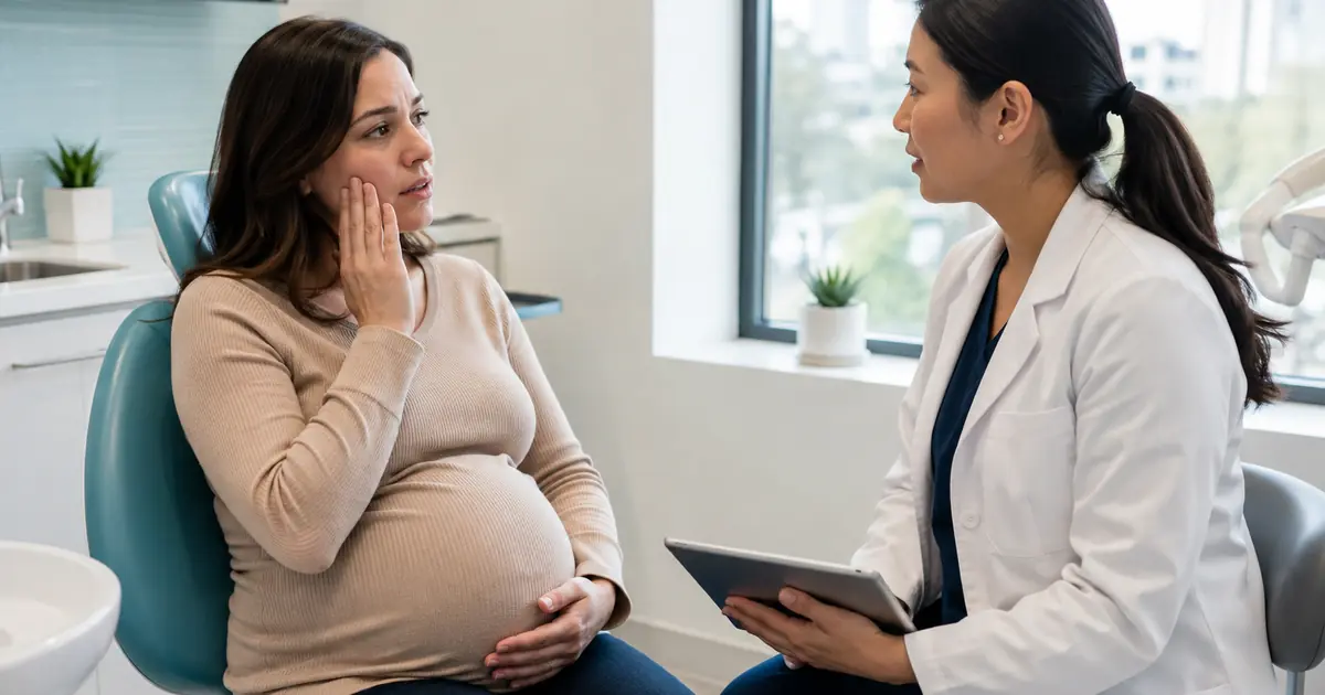 Pregnant patient discussing tooth pain with a dental professional