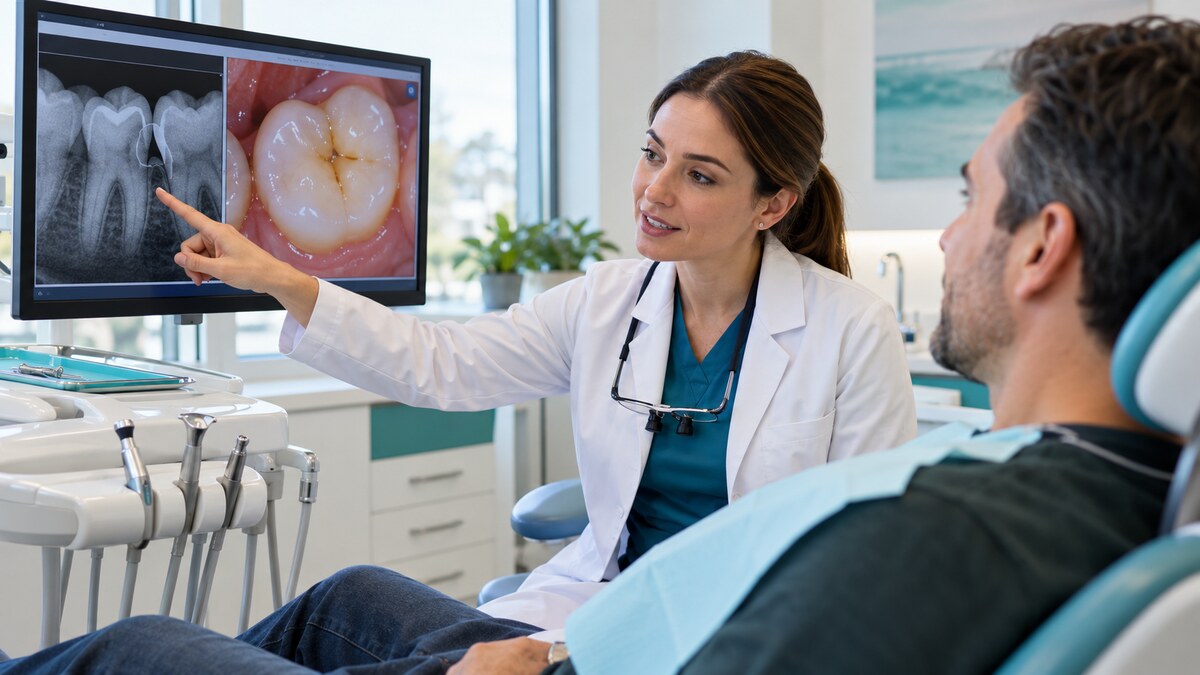 Dentist examining a molar for early tooth decay and reviewing a dental X-ray