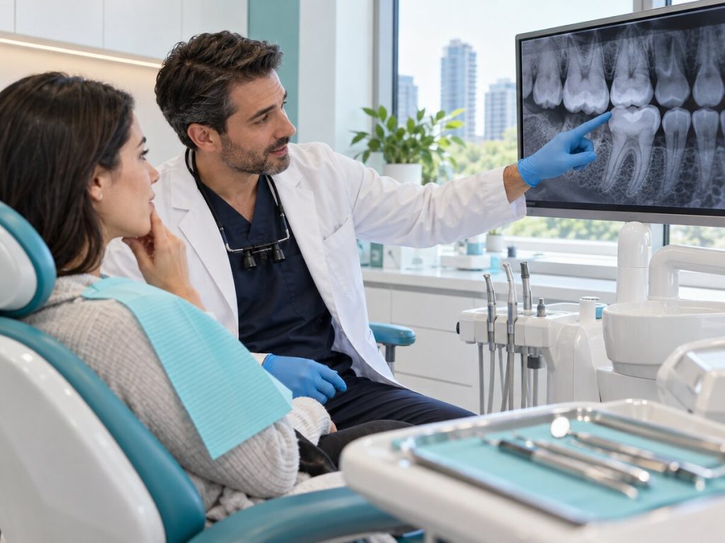 Dentist examining a patient with tooth pain when biting and reviewing a dental X-ray