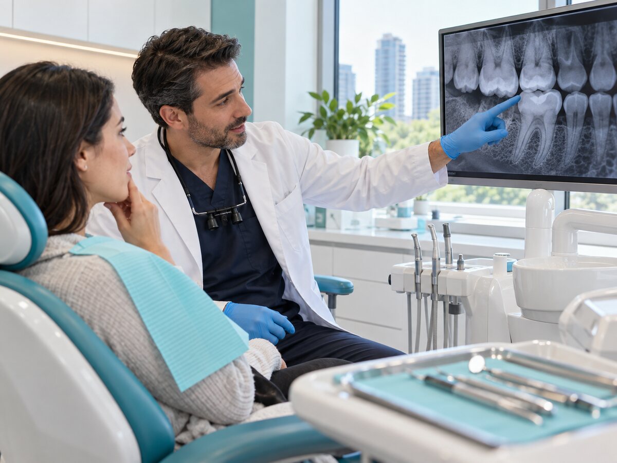 Dentist examining a patient with tooth pain when biting and reviewing a dental X-ray