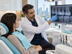 Dentist examining a patient with tooth pain and sensitivity after a dental filling