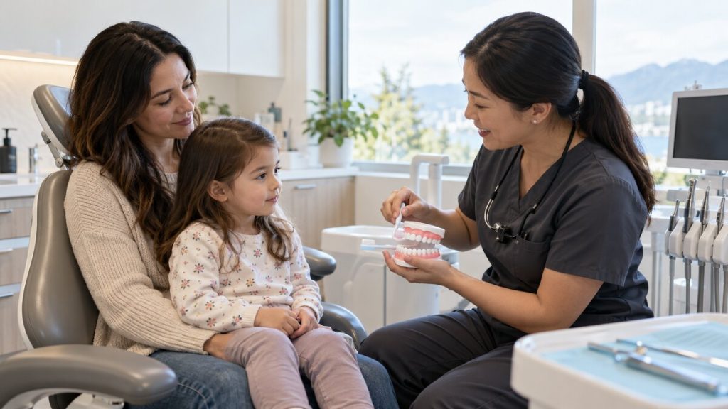 Parent and child speaking with a dental professional before a dental visit.