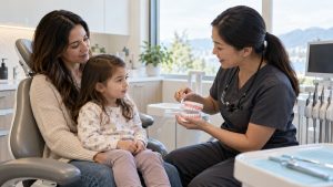 Parent and child speaking with a dental professional before a dental visit.