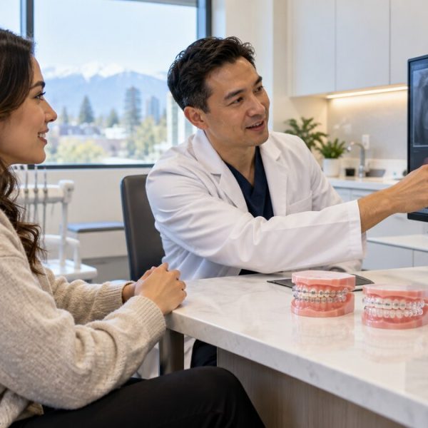 Dentist reviewing a clear aligner treatment plan