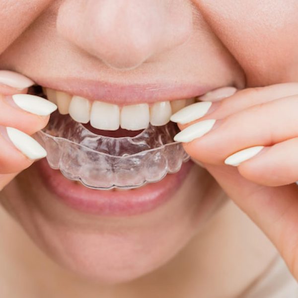Person inserting a clear aligner